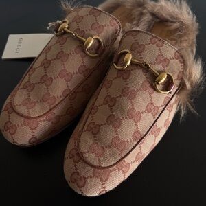 Gucci Men’s Brown Canvas Fur Mules